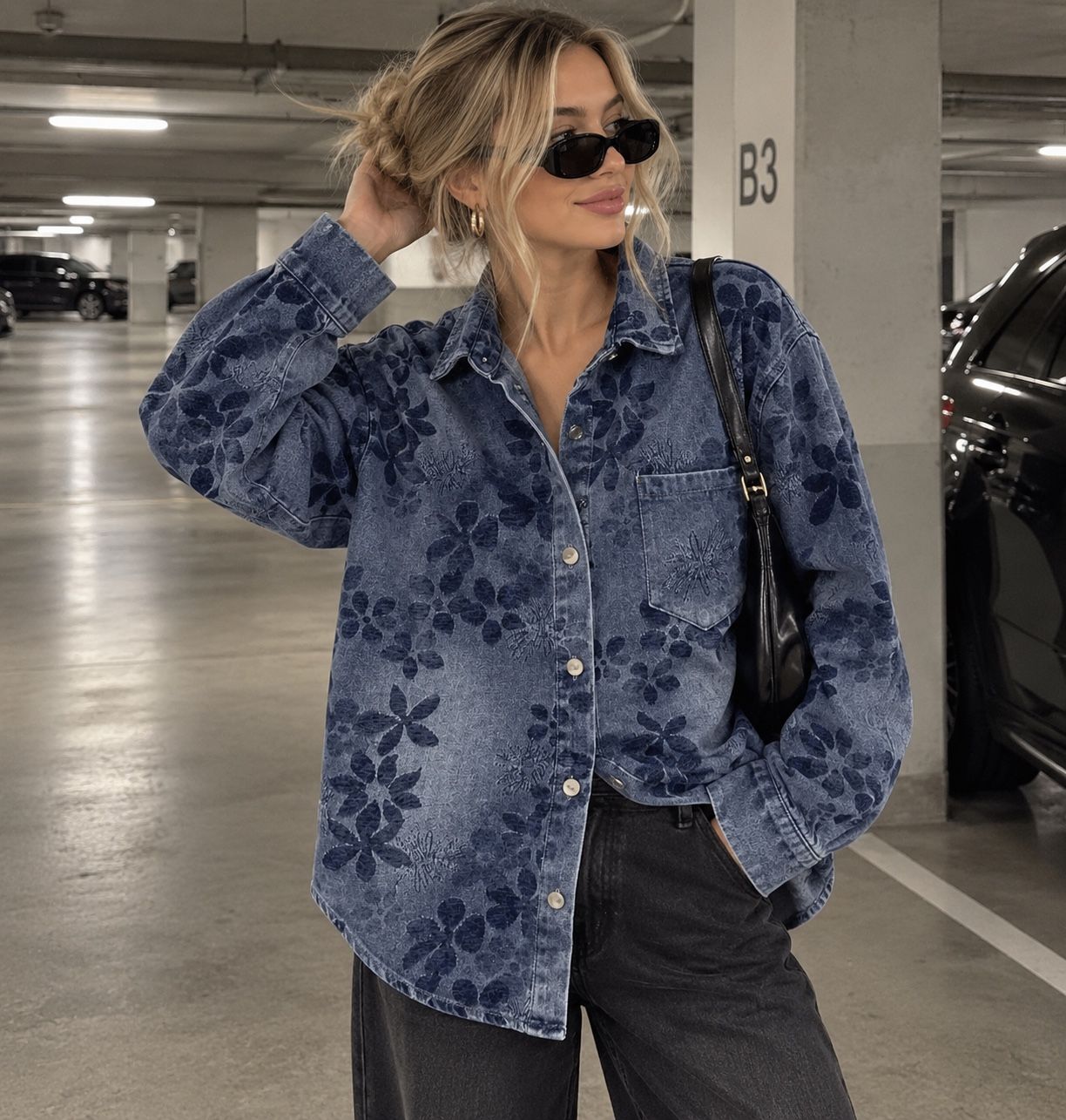 Oversize denimová košeľa s kvetinovým vzorom
