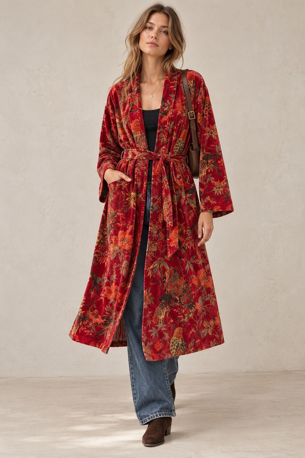 Midi kimono kabát s opaskou