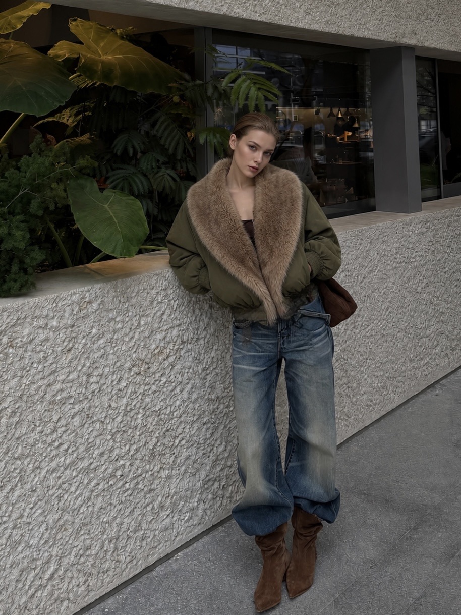 Oversize bomber bunda s kožušinovým golierom