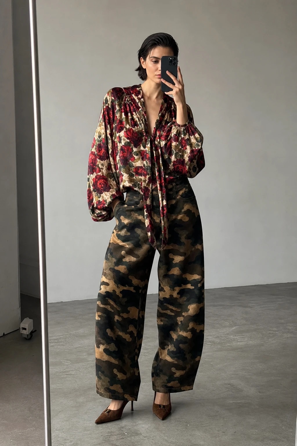 Nohavice Wide Leg s maskáčovým vzorom