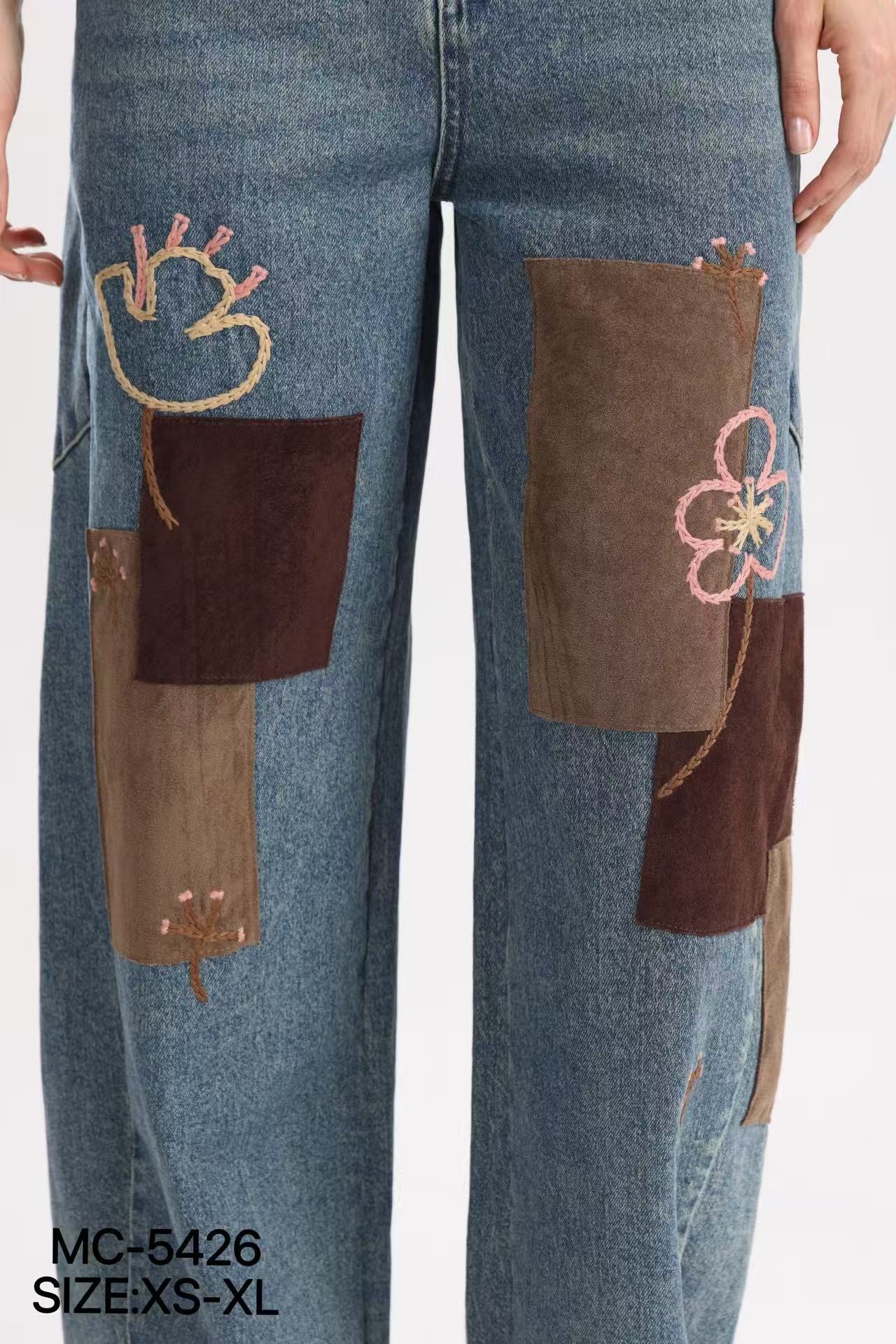 Džínsové Nohavice Wide Leg s Výšivkou