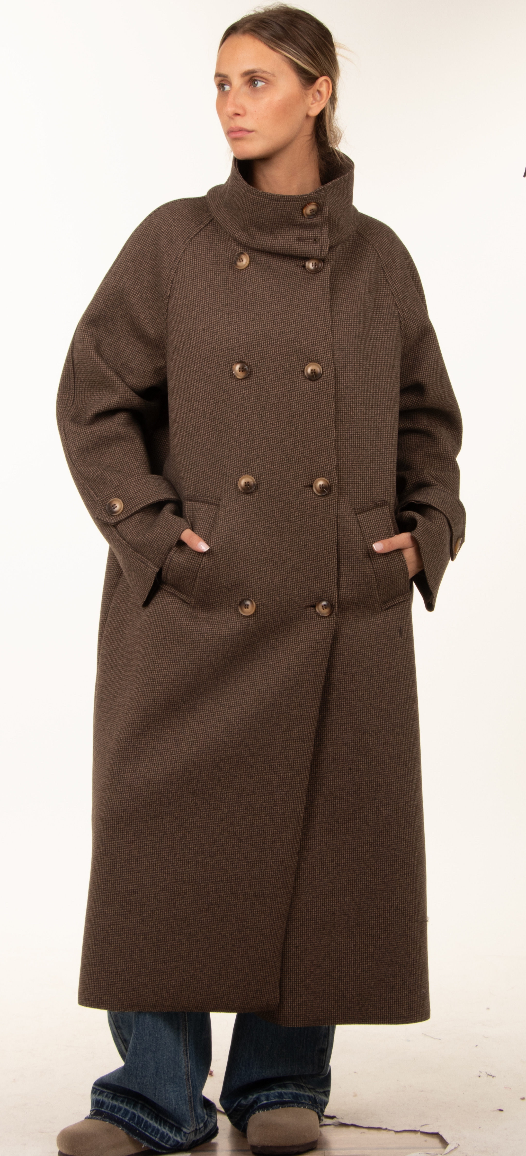 Oversize maxi kabát so stojatým golierom